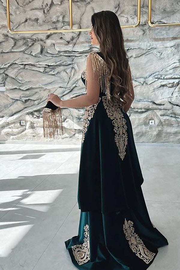 Sleeveless V-Neck Applique Slit Mermaid Evening Dress Dark Green