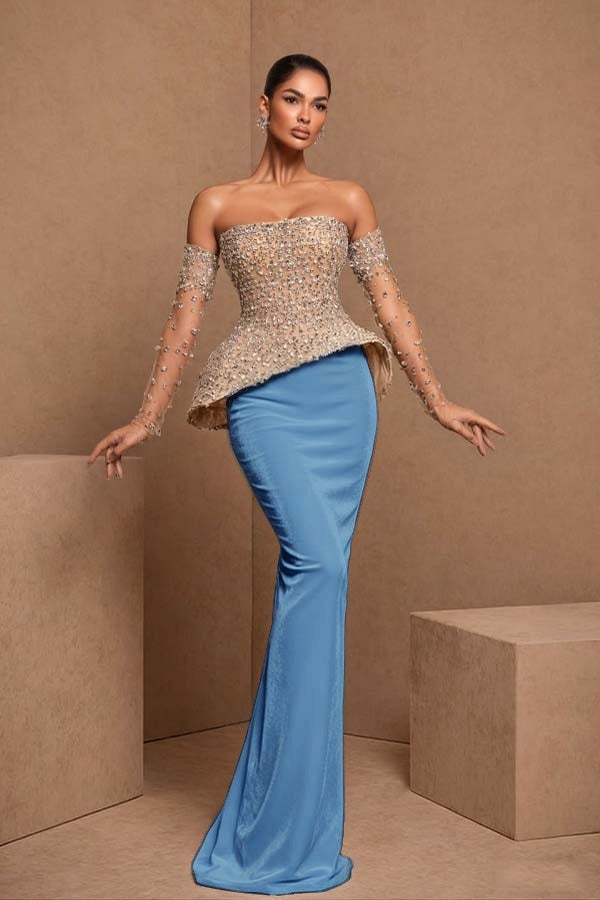 Black Sleeveless Strapless Mermaid Satin Beads Long Prom Dress With Gloves