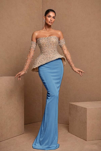 Black Sleeveless Strapless Mermaid Satin Beads Long Prom Dress With Gloves