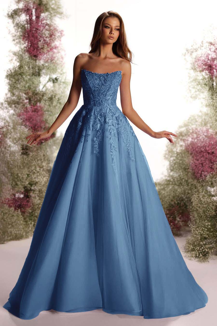 Beautiful Purple Tulle Sleeveless Strapless Applique A Line Prom Dress with Pleated