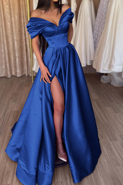 A-Line Fuchsia Portrait Prom Dress With Slit