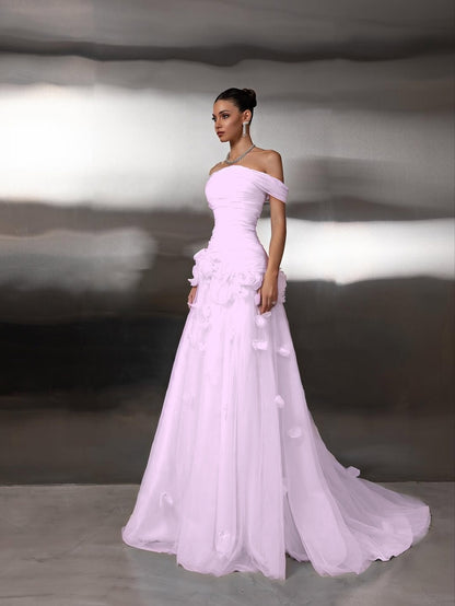 Off Shoulder Sleeveless A-Line Handmade Flower Prom Dress