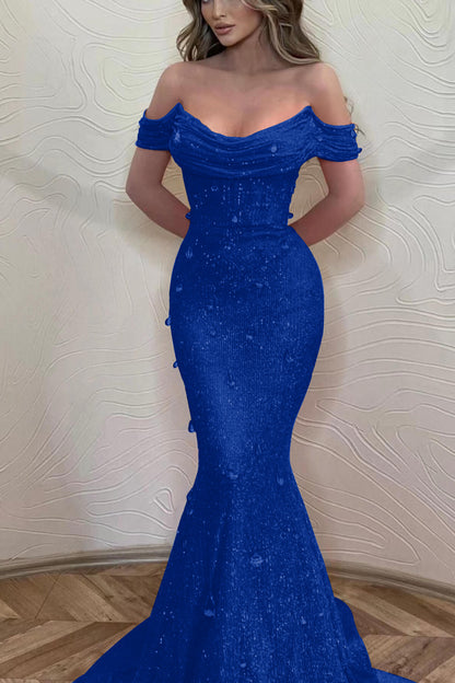 Orange Off-The-Shoulder Prom Dress With Sequins Mermaid