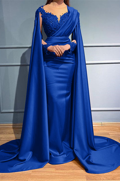 Rust Long Sleeves Beads Appliques Mermaid Evening Dress With Ruffles