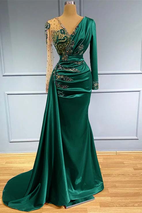 Long Sleeves Beadings Prom Dress V Neck Mermaid