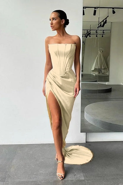 Strapless Slit Long Prom Dress Evening Party Gowns