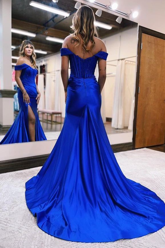 Green Off-The-Shoulder Mermaid Evening Dress With Split Online Prom