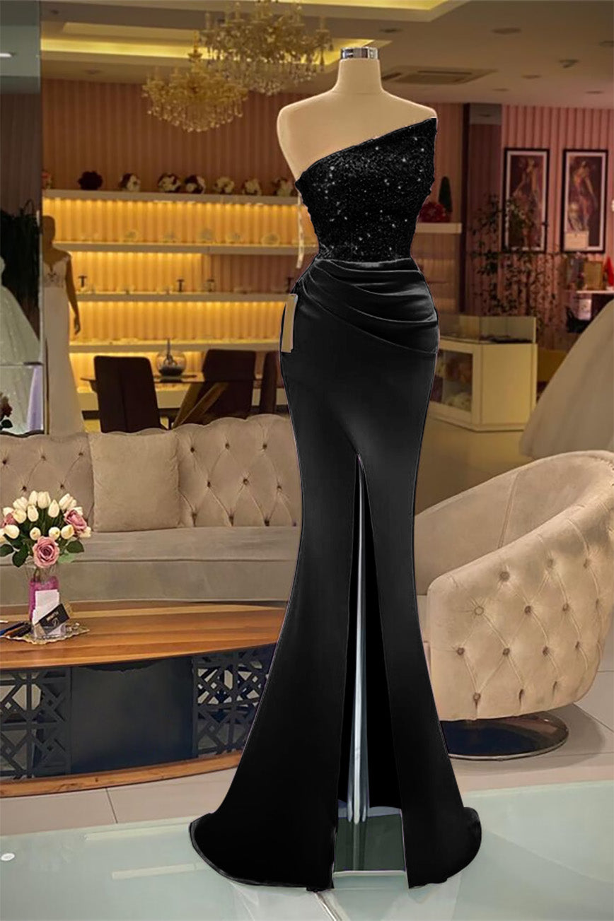 Light Purple Sleeveless Strapless Mermaid Prom Dress Long Slit with Sequins