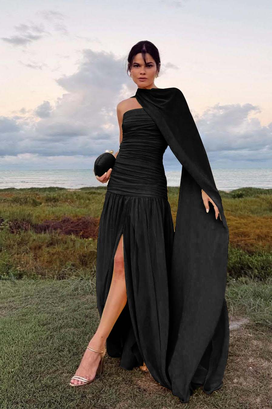 Elegant Daffodil Chiffon Strapless Sleeveless Split Prom Dress with Scarf