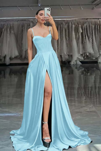 Red Spaghetti Straps A-Line Long Prom Dress With Pleated