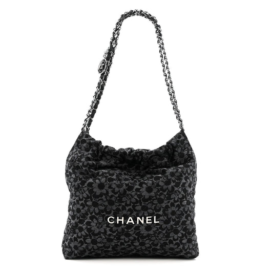 Denim Quilted Floral Print Small Chanel 22 Black