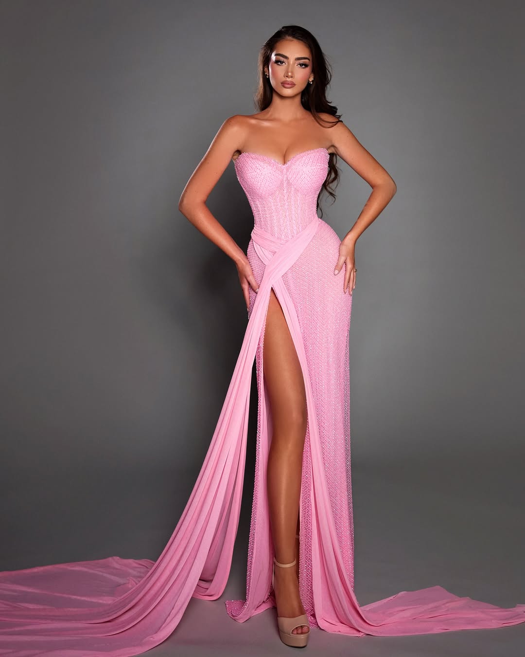 Fuchsia Sleeveless Strapless Beads V-Neck Prom Dress With Split