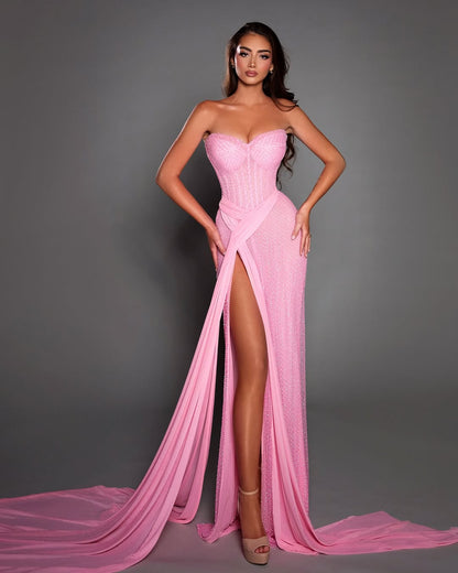Fuchsia Sleeveless Strapless Beads V-Neck Prom Dress With Split