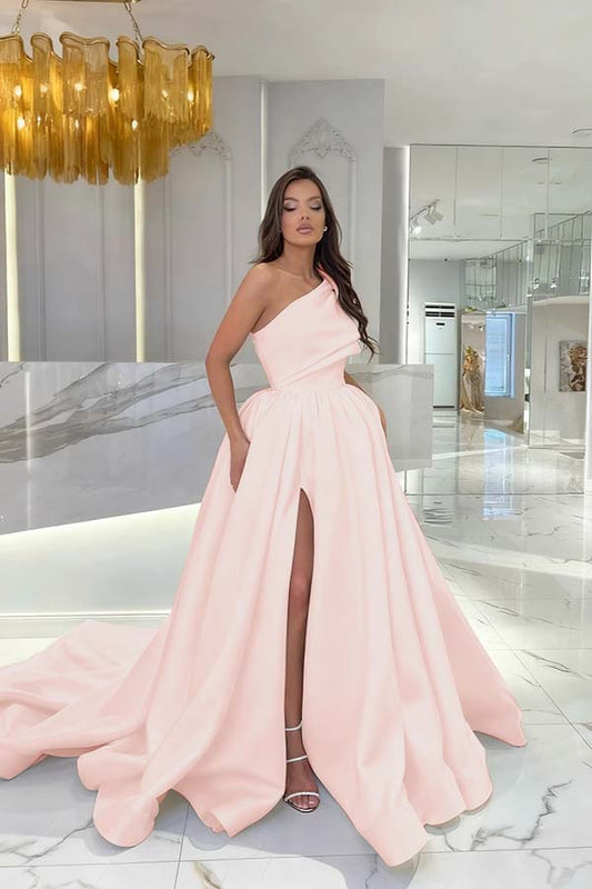 Black Satin Sleeveless One Shoulder Strap Long Prom Dress With Slit