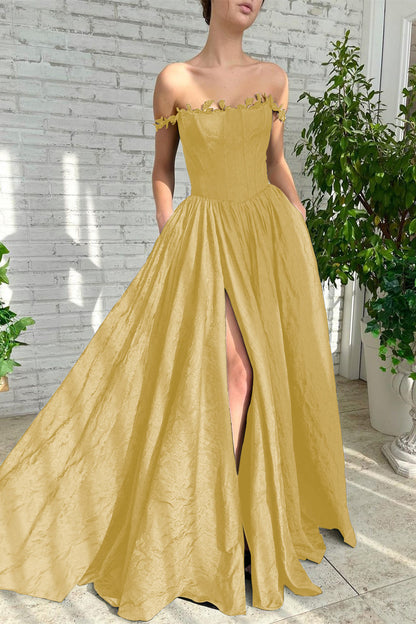 Black A Line Off-The-Shoulder Evening Dress Sleeveless Lace Side Split