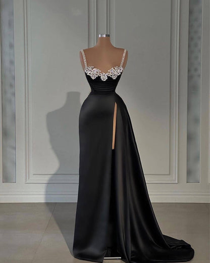 Black Sleeveless Spaghetti Straps Beads Mermaid Prom Dress