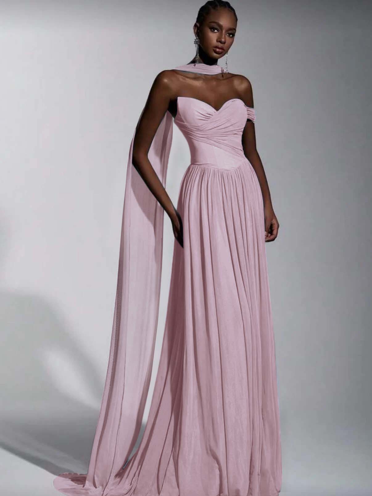 Dusty Blue One Shoulder Sweetheart Evenign Dress in Chiffon With Split