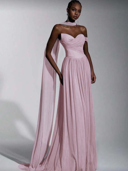 Dusty Blue One Shoulder Sweetheart Evenign Dress in Chiffon With Split