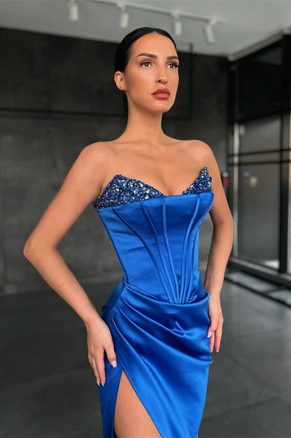 Mermaid Royal Blue Prom Dress Slit With Sequins