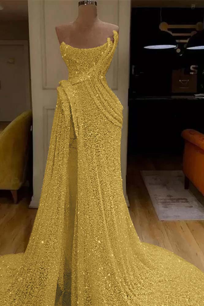 Mermaid Strapless Long Prom Dress Slit With Sequins