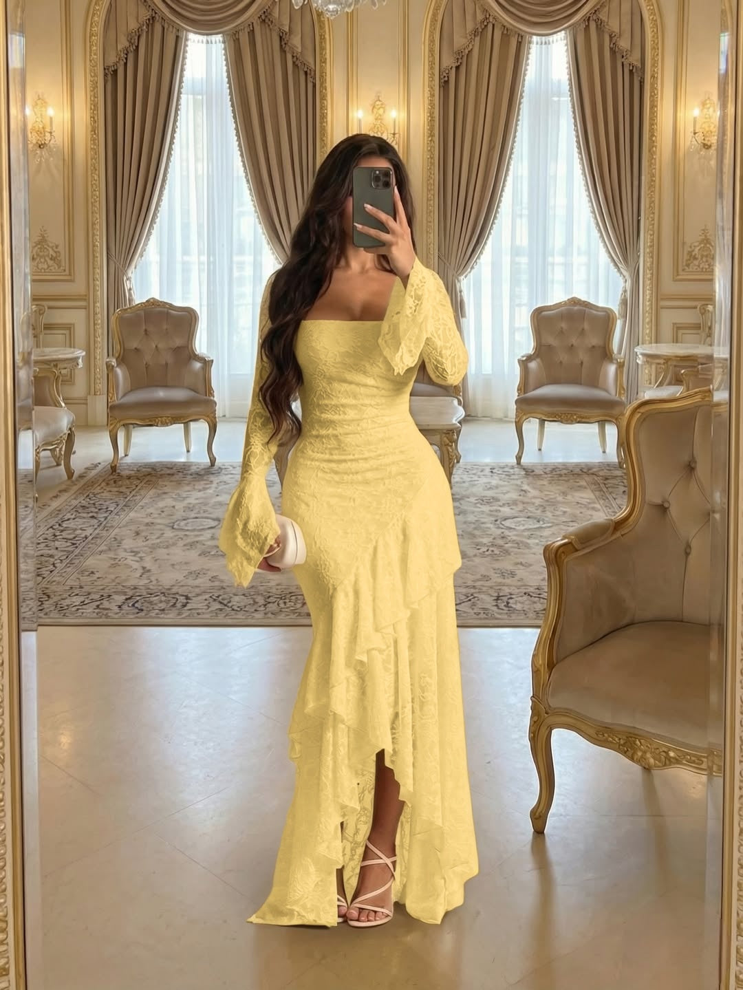 Elegant Cream Square Long Sleeves Ruffles Lace Evening Dress