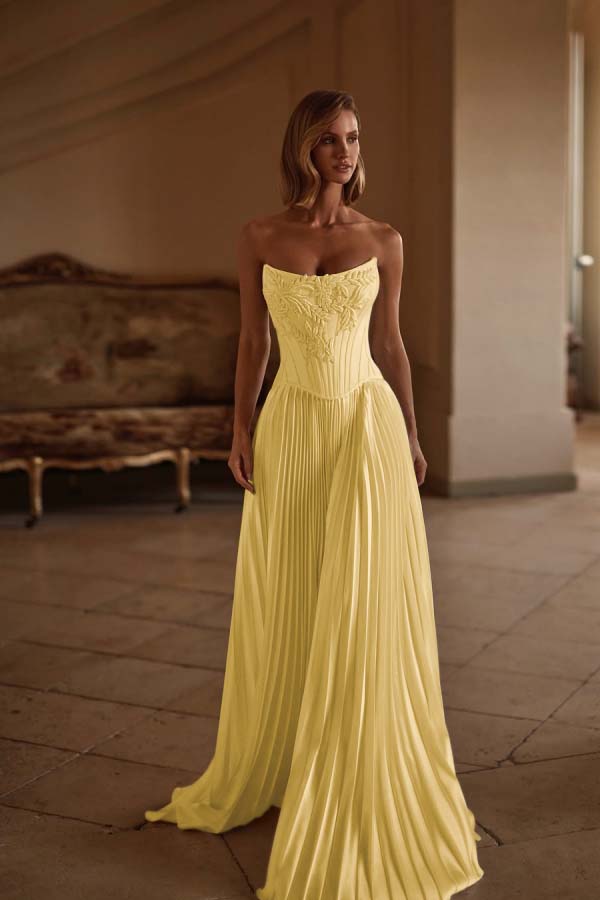 Exquisite White Satin Strapless Sleeveless Long Pleated Prom Dress with Applique