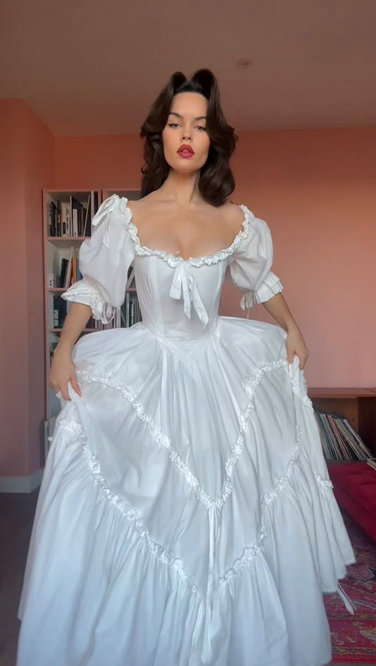 Cute A Line Puff White Satin Long Birthday Dress Evening Dress SH2798