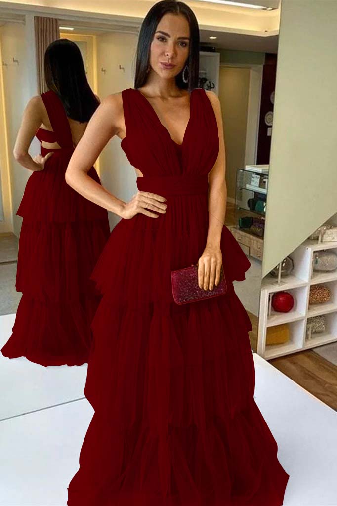 Sleeveless Tulle Long Watermelon Prom Dress
