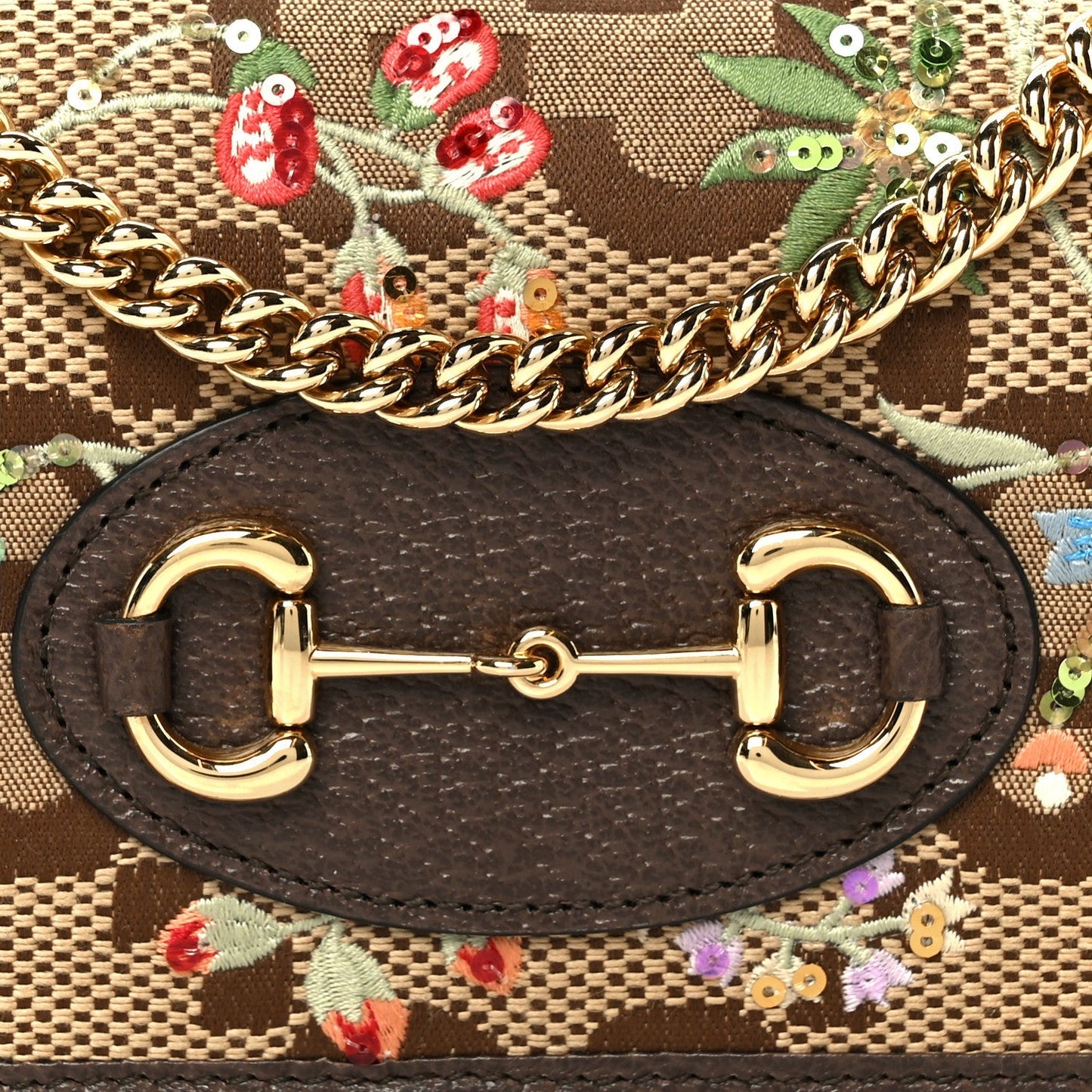 Monogram Jumbo GG Textured Dollar Calfskin Embroidered Horsebit 1955 Wallet On Chain Camel Ebony New Acero Multicolor