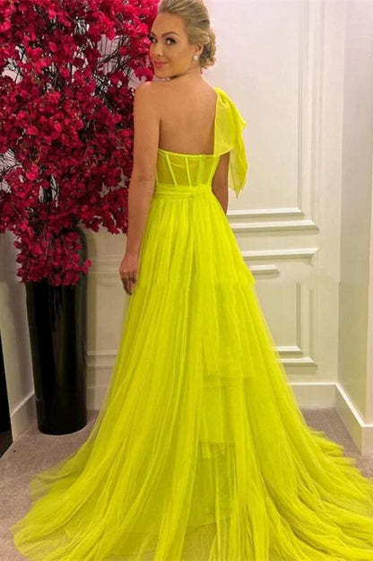 A-Line One-Shoulder Tulle Long Prom Dress With Split