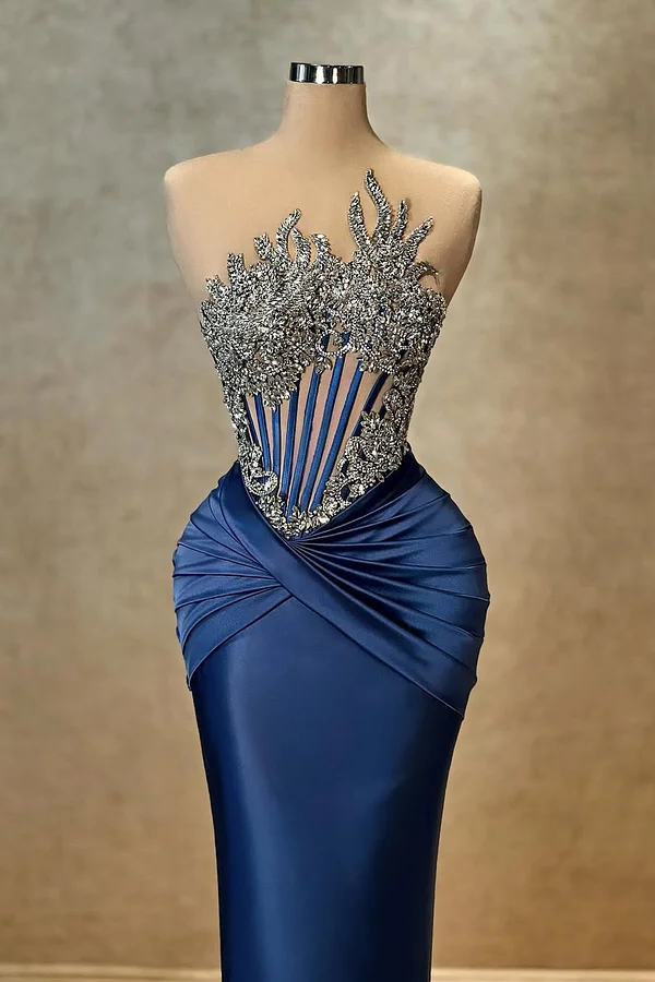 Sleeveless Strapless Beads Pleated Mermaid Prom Dress