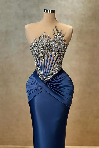 Sleeveless Strapless Beads Pleated Mermaid Prom Dress