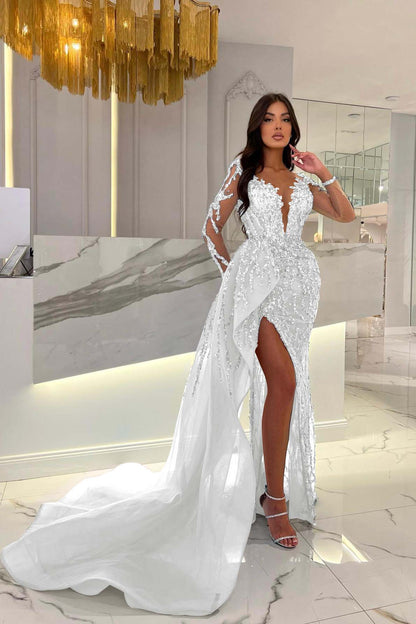 Shiny Blue Slit Mermaid Beaded Prom Dress Appliques Tulle With Long Sleeves