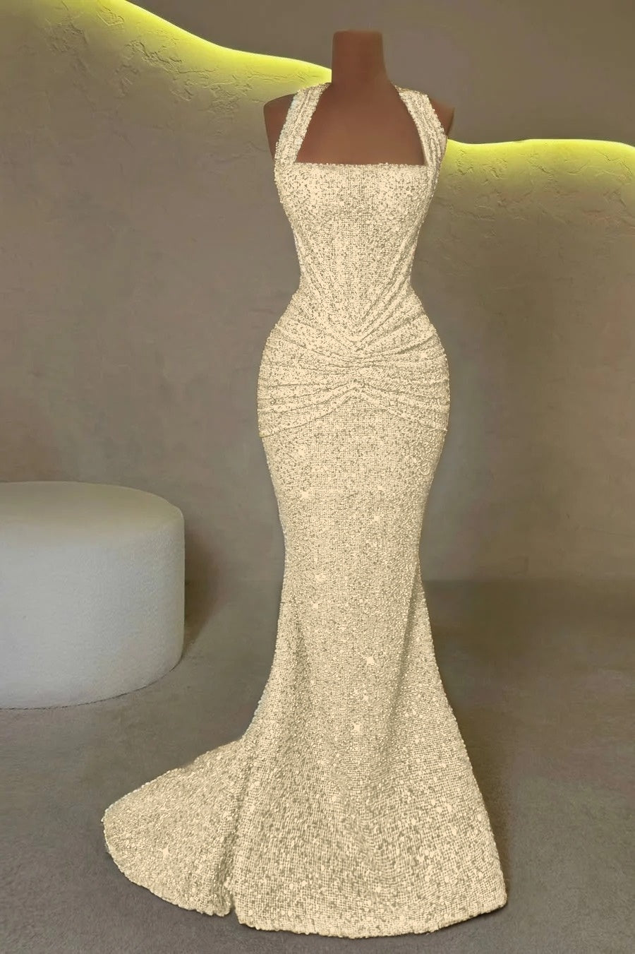Gold Sleeveless Halter Straps Mermaid Prom Dress With Sequins
