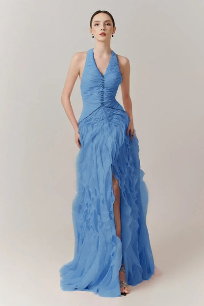 Blushing Pink Halter Strap Pleated V-Neck Split Evening Dress With Beads
