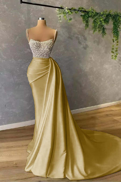 Gorgeous Spaghetti-Straps Pearl Mermaid Evening Dress With Sequins Pleated