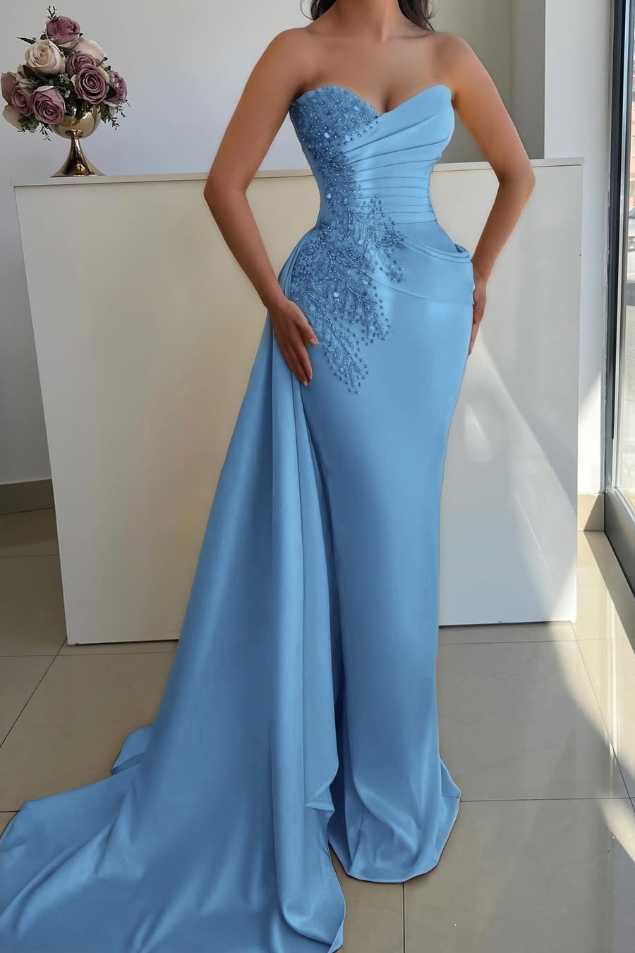 Sleeveless Strapless V Neck Mermaid Beaded Prom Dress With Tail