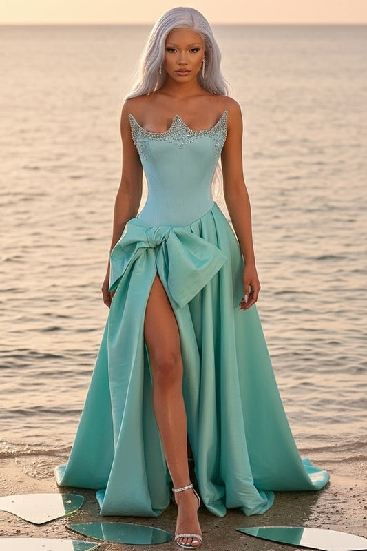 Elegant Sleeveless Strapless A Line Split Beading Prom Dress With Bowknot