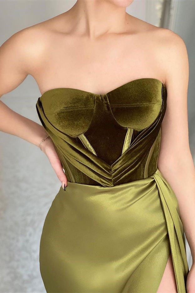 Strapless Mermaid Evening Dress With Slit Olive Green