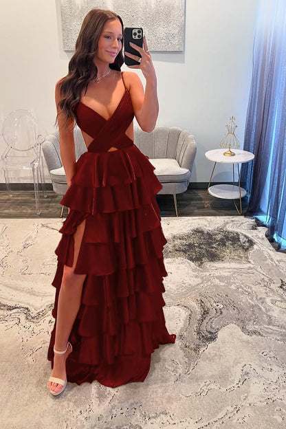 Stunning Red Spaghtti Strap V Neck Sleeveless Split Prom Dress with Ruffles