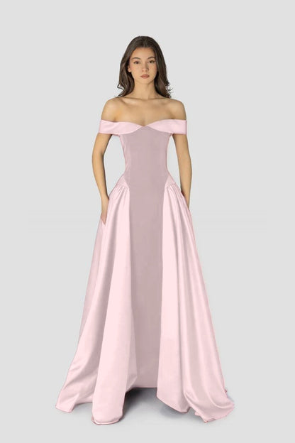 Dreamy Satin Sleeveless Off the Shoulder A-Line Long Evening Dress