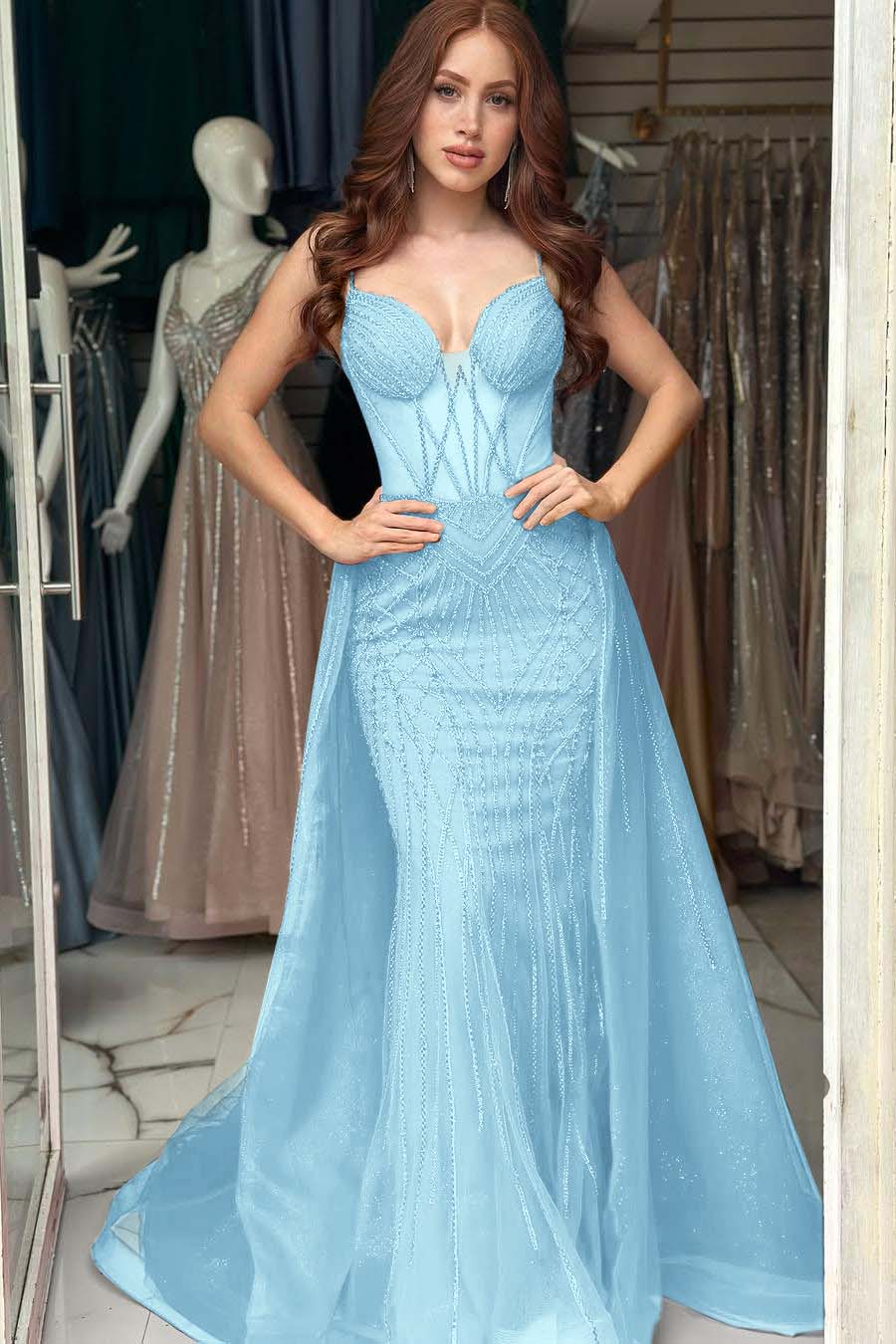 Elegant Red Sequins Spaghtti Strap Sleeveless Sweetheart Prom Dress with Detachable Train