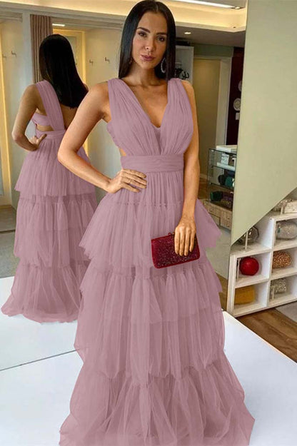 Sleeveless Tulle Long Watermelon Prom Dress