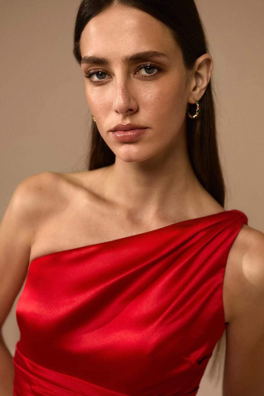 Charming Red Satin One Shoulder Sleeveless Long Pleated Prom Dress with Split