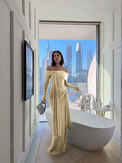 Chic Sky Blue Off-The-Shoulder Long Sleeves Pleated Chiffon Evening Dress