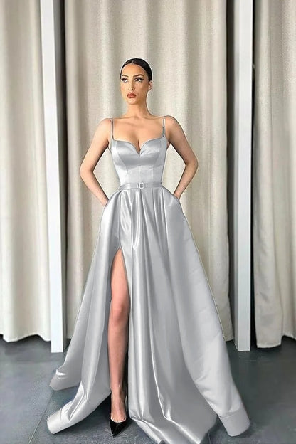 Dark Green Spaghetti-Straps A-Line V-Neck Long Prom Dress With Split