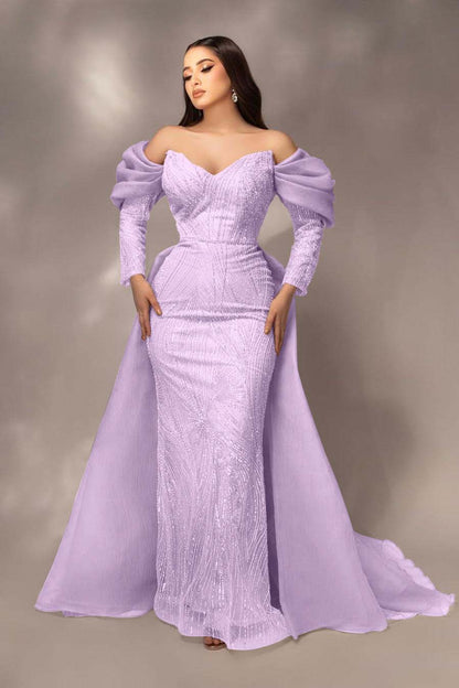 Glamorous Sequins Off the Shoulder Long Sleeves Mermaid Prom Dress with Pleated