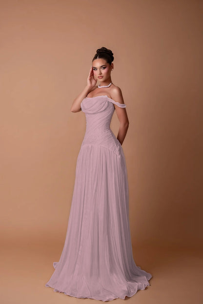 Charming White Off-the-Shoulder A-Line Evening Dress in Chiffon Pleated