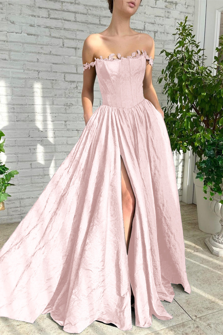 Black A Line Off-The-Shoulder Evening Dress Sleeveless Lace Side Split