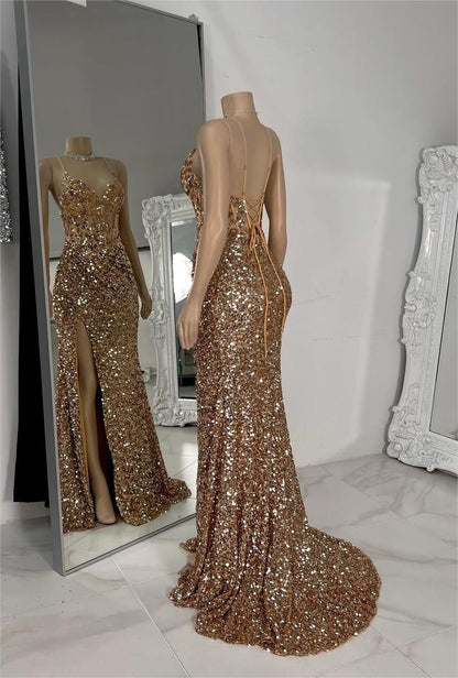 Exquisite Champagne Sequins Spaghetti Strap Sleeveless Prom Dress with Split